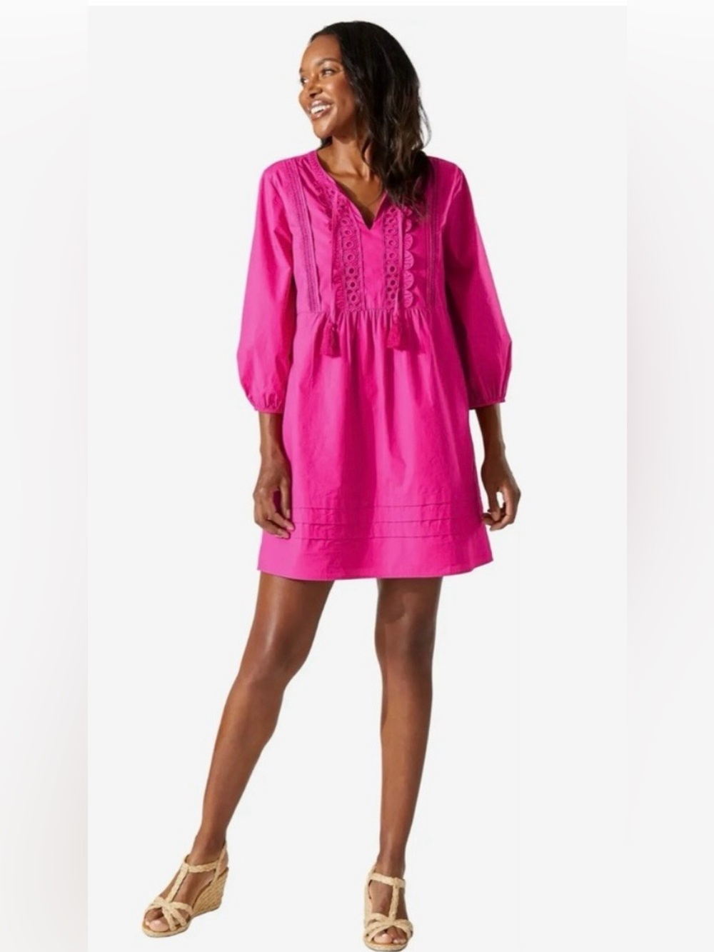 Tommy Bahama Hot Pink V-Neck Lace-Trim Mini Dress. Size-L
